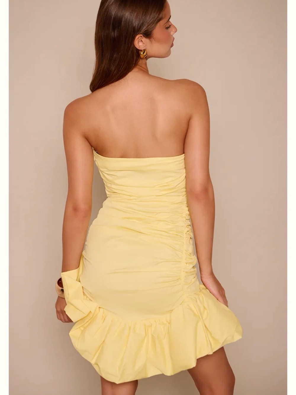 Strapless Yellow Ruffle Hem Dress
